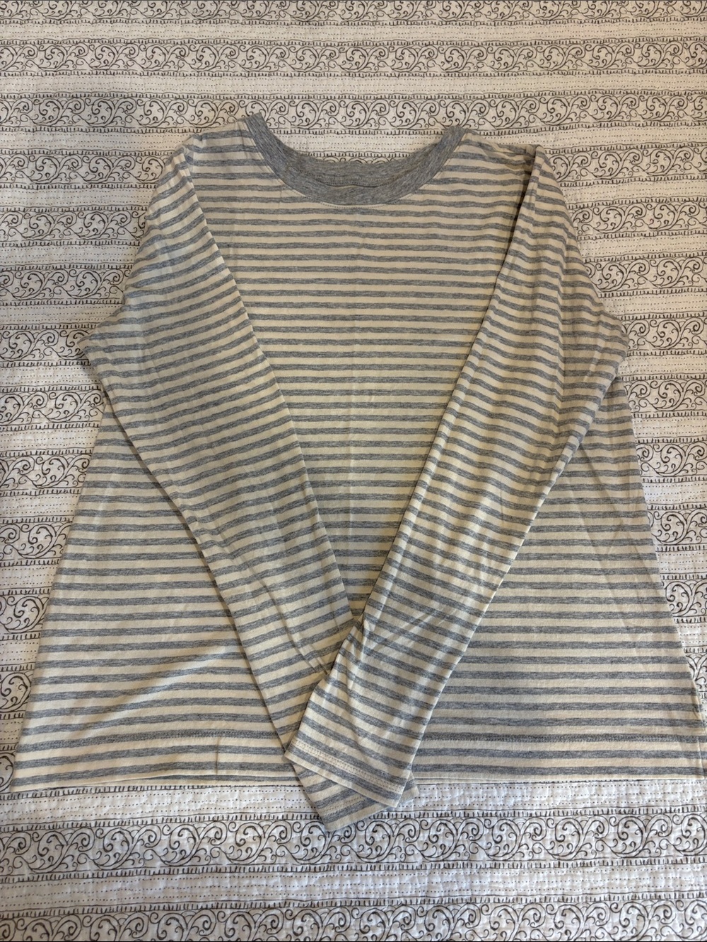 LOFT Gray and White Striped Long-Sleeve Tee
